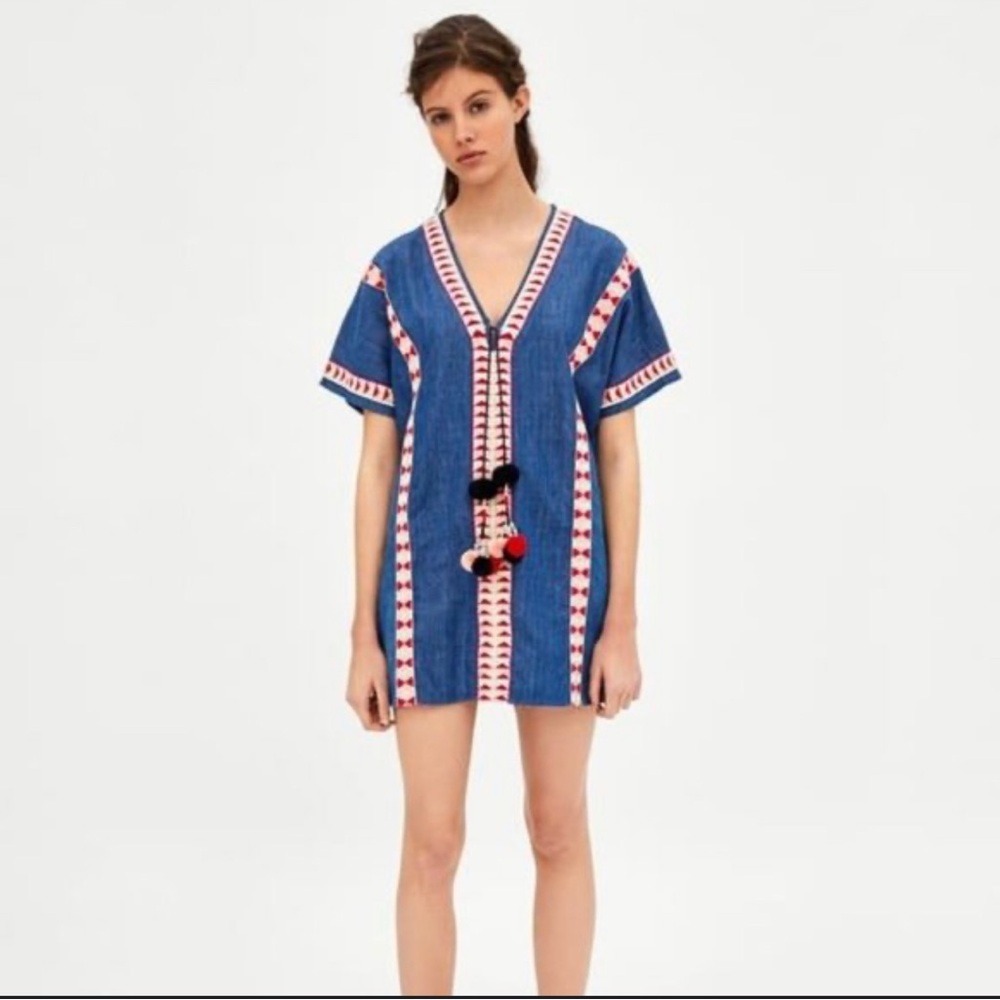 Zara TRF Collection Blue Embroidered Denim Tunic Dress Boho V Neck Size M